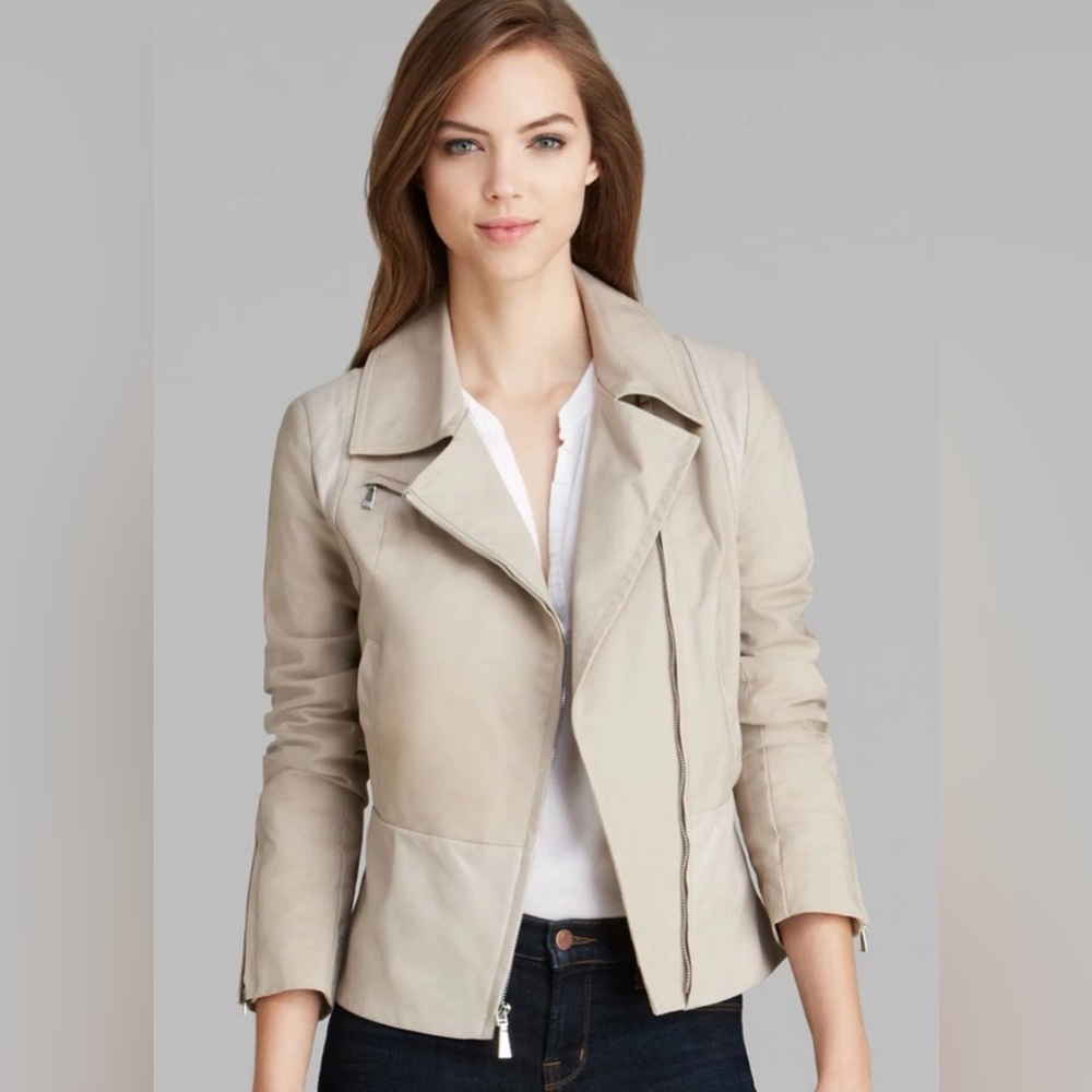 Dawn Levy Beige Cream Brooklyn Luxe Leather Trim Moto Jacket With Zippers Size M